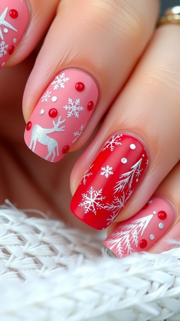 Matte Christmas nail art with snowflakes and trees on festive colored nails.